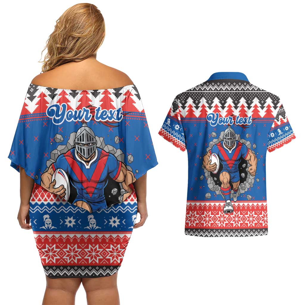 Merry Knights Newcastle Pride Personalised Couples Matching Off Shoulder Short Dress and Hawaiian Shirt Christmas Rugby League Spirit - Aussie Hoodie