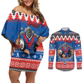 Merry Knights Newcastle Pride Personalised Couples Matching Off Shoulder Short Dress and Long Sleeve Button Shirt Christmas Rugby League Spirit - Aussie Hoodie