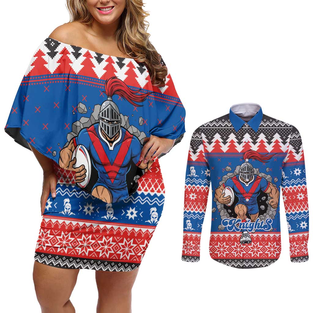 Merry Knights Newcastle Pride Personalised Couples Matching Off Shoulder Short Dress and Long Sleeve Button Shirt Christmas Rugby League Spirit - Aussie Hoodie