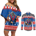 Merry Knights Newcastle Pride Personalised Couples Matching Off Shoulder Short Dress and Long Sleeve Button Shirt Christmas Rugby League Spirit - Aussie Hoodie