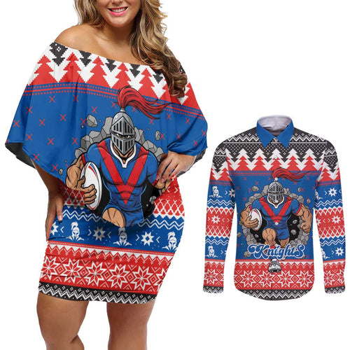 Merry Knights Newcastle Pride Personalised Couples Matching Off Shoulder Short Dress and Long Sleeve Button Shirt Christmas Rugby League Spirit - Aussie Hoodie