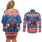 Merry Knights Newcastle Pride Personalised Couples Matching Off Shoulder Short Dress and Long Sleeve Button Shirt Christmas Rugby League Spirit - Aussie Hoodie