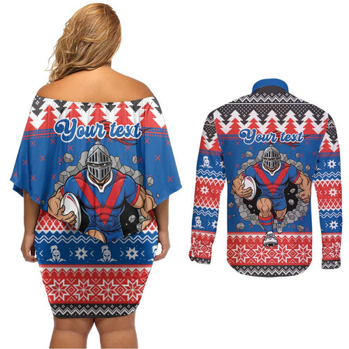 Merry Knights Newcastle Pride Personalised Couples Matching Off Shoulder Short Dress and Long Sleeve Button Shirt Christmas Rugby League Spirit - Aussie Hoodie