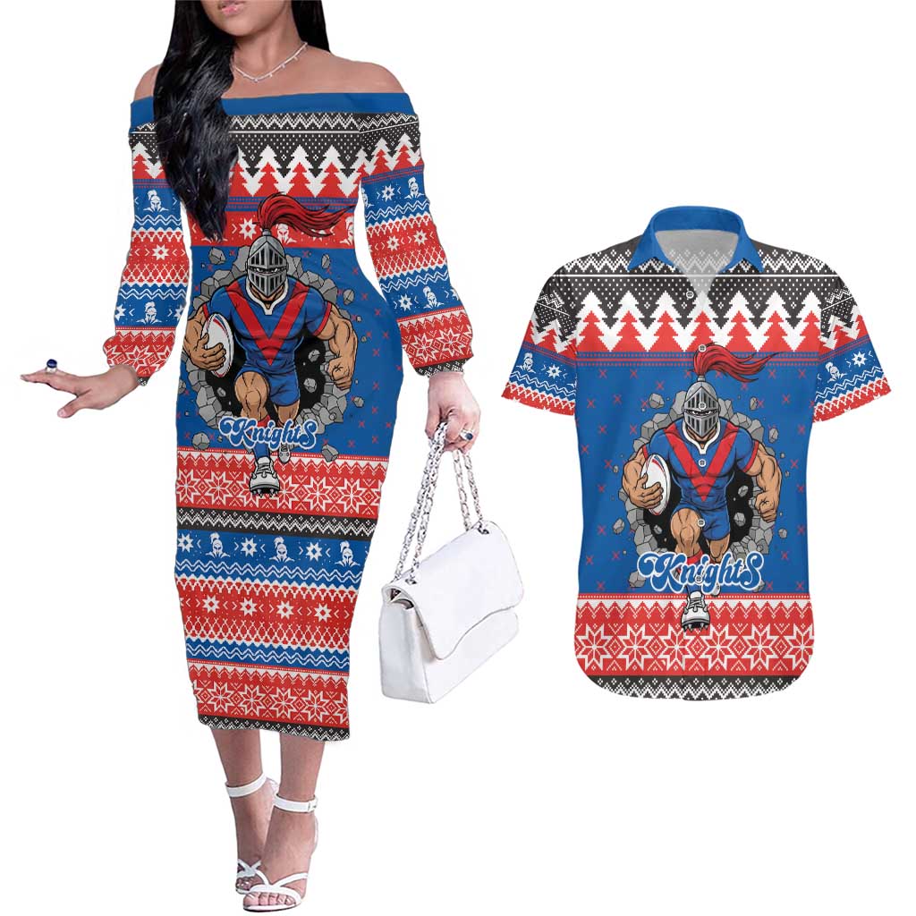 Merry Knights Newcastle Pride Personalised Couples Matching Off The Shoulder Long Sleeve Dress and Hawaiian Shirt Christmas Rugby League Spirit - Aussie Hoodie