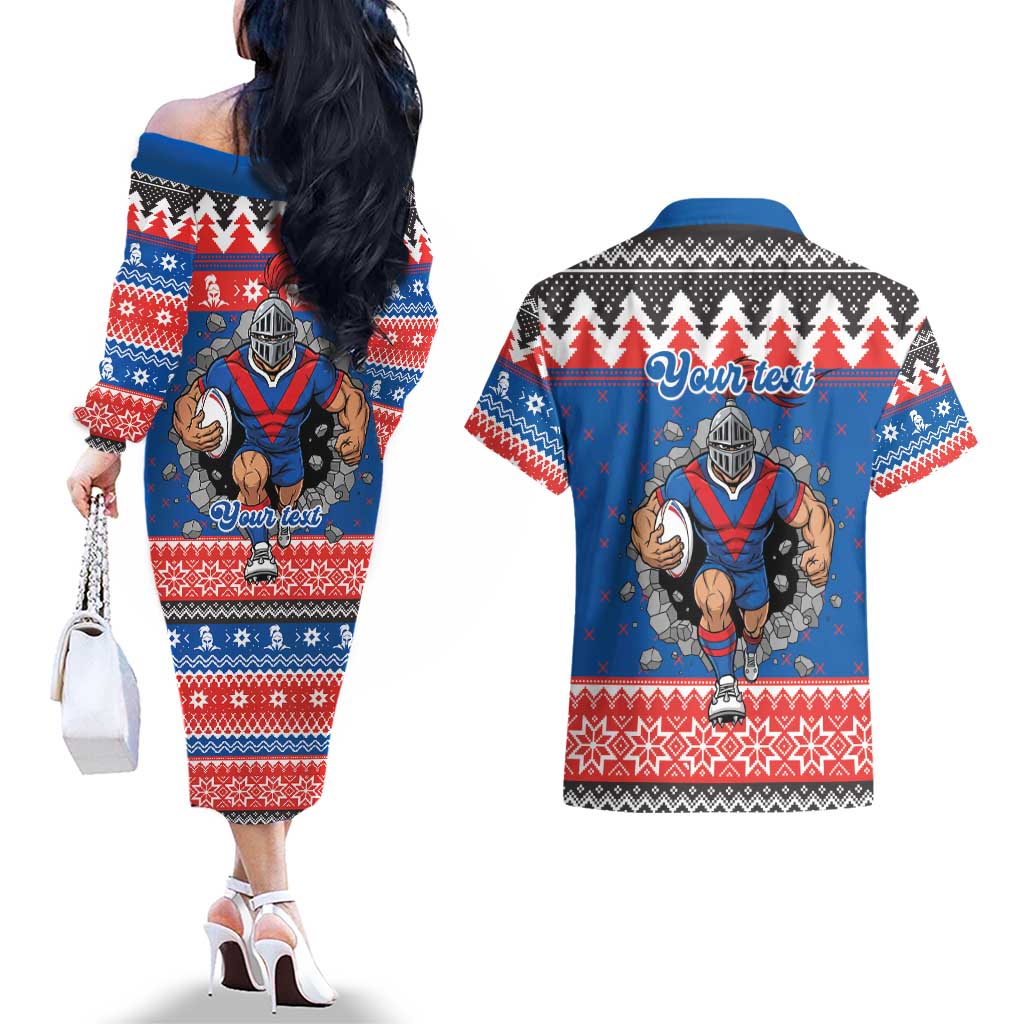 Merry Knights Newcastle Pride Personalised Couples Matching Off The Shoulder Long Sleeve Dress and Hawaiian Shirt Christmas Rugby League Spirit - Aussie Hoodie