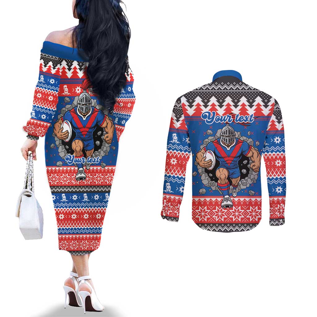 Merry Knights Newcastle Pride Personalised Couples Matching Off The Shoulder Long Sleeve Dress and Long Sleeve Button Shirt Christmas Rugby League Spirit - Aussie Hoodie