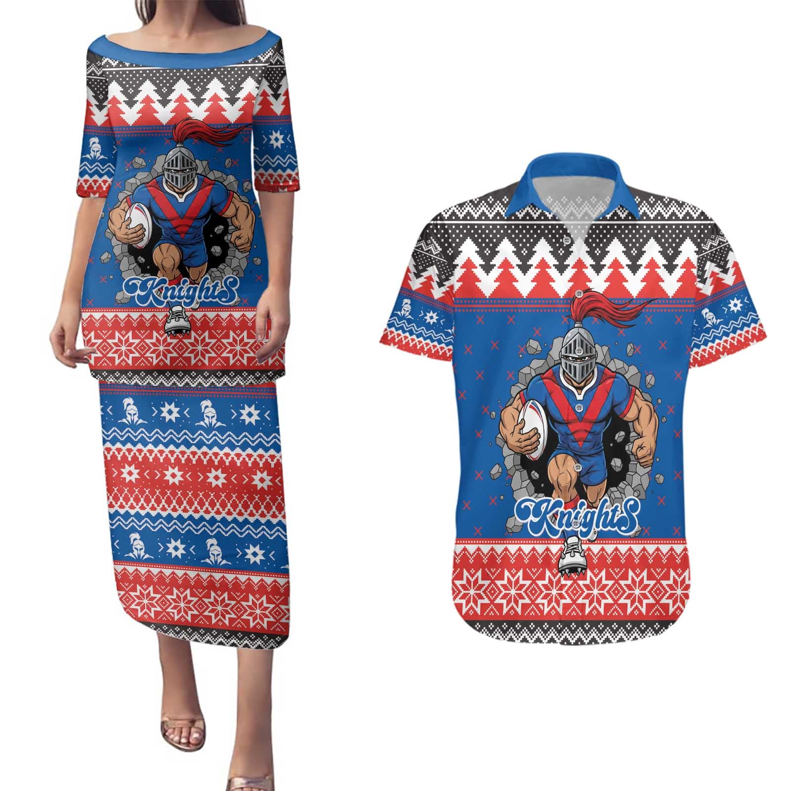 Merry Knights Newcastle Pride Personalised Couples Matching Puletasi and Hawaiian Shirt Christmas Rugby League Spirit - Aussie Hoodie