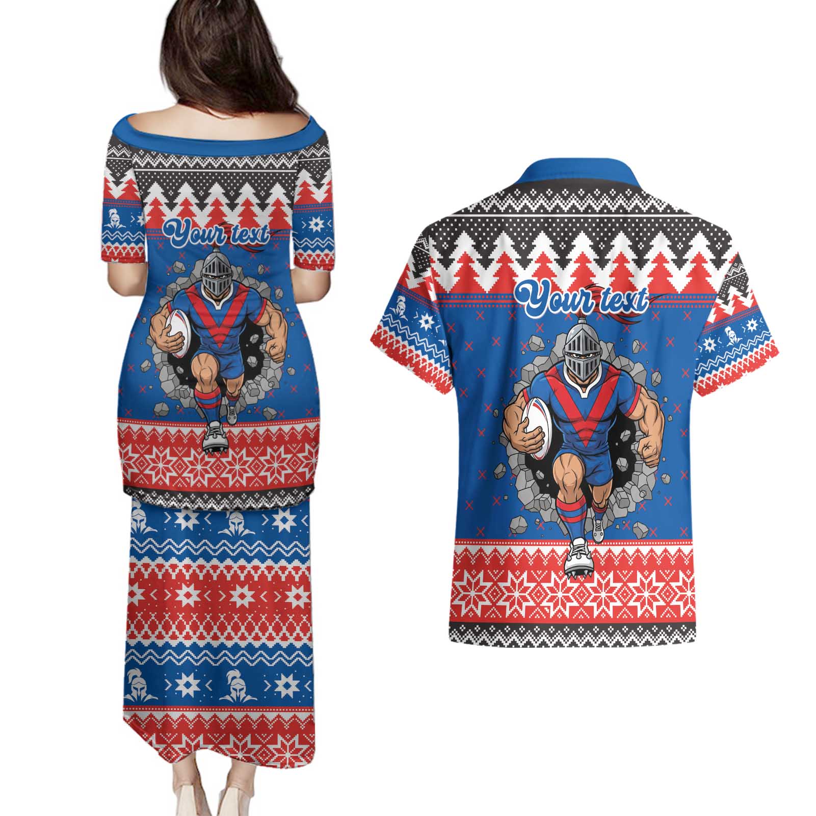 Merry Knights Newcastle Pride Personalised Couples Matching Puletasi and Hawaiian Shirt Christmas Rugby League Spirit - Aussie Hoodie
