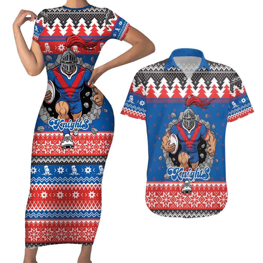 Merry Knights Newcastle Pride Personalised Couples Matching Short Sleeve Bodycon Dress and Hawaiian Shirt Christmas Rugby League Spirit - Aussie Hoodie