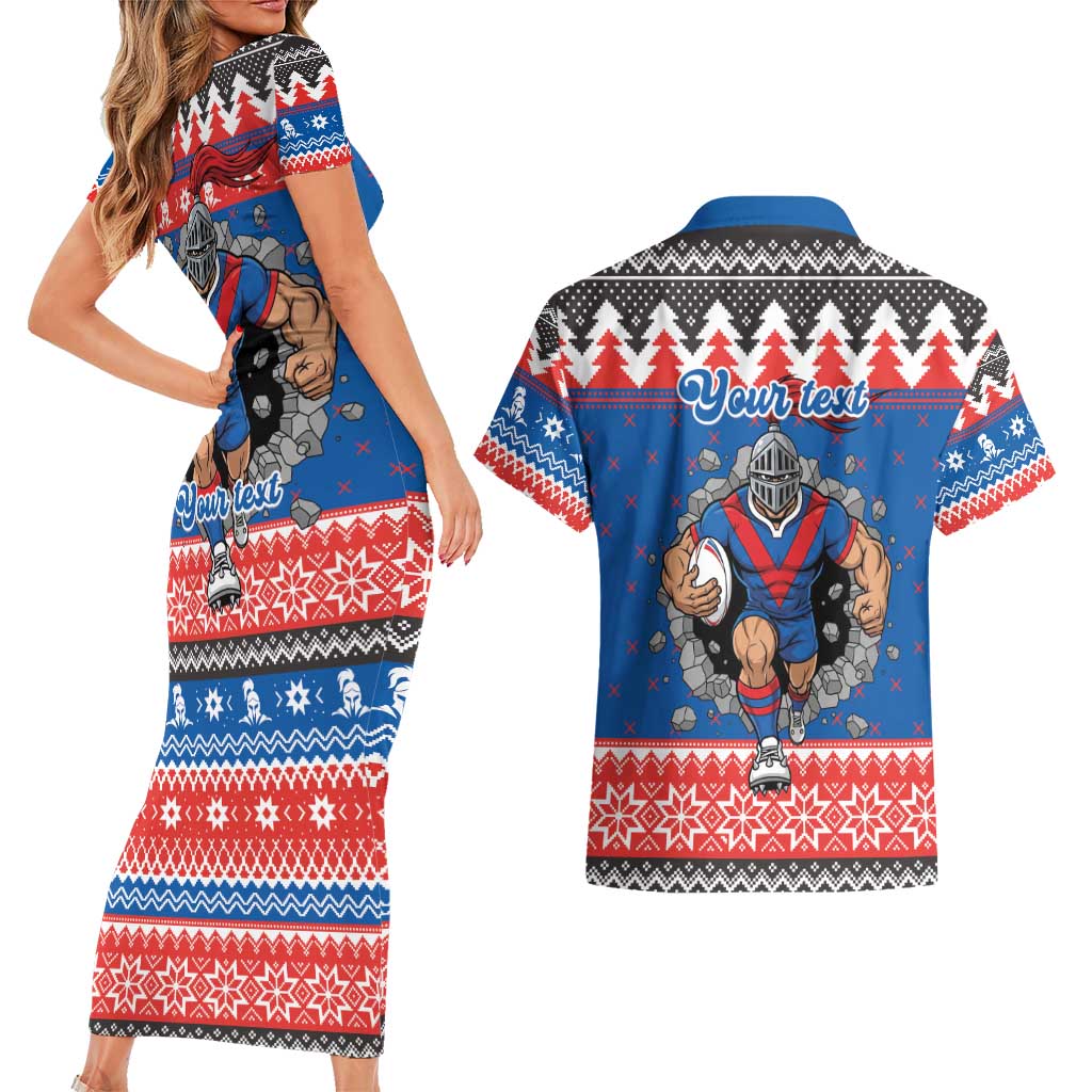 Merry Knights Newcastle Pride Personalised Couples Matching Short Sleeve Bodycon Dress and Hawaiian Shirt Christmas Rugby League Spirit - Aussie Hoodie
