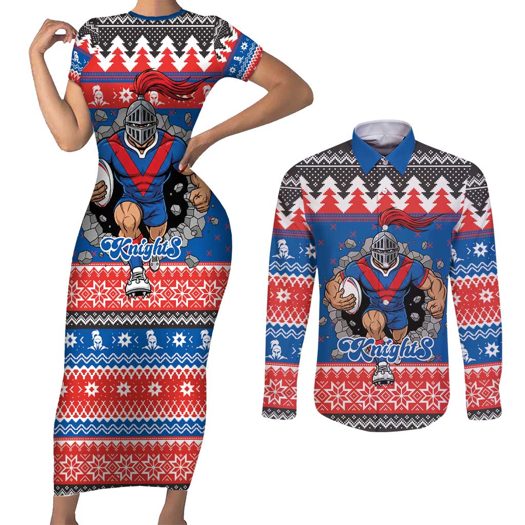 Merry Knights Newcastle Pride Personalised Couples Matching Short Sleeve Bodycon Dress and Long Sleeve Button Shirt Christmas Rugby League Spirit - Aussie Hoodie
