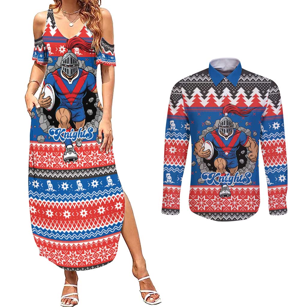 Merry Knights Newcastle Pride Personalised Couples Matching Summer Maxi Dress and Long Sleeve Button Shirt Christmas Rugby League Spirit - Aussie Hoodie
