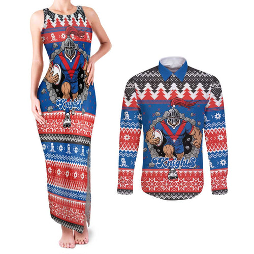 Merry Knights Newcastle Pride Personalised Couples Matching Tank Maxi Dress and Long Sleeve Button Shirt Christmas Rugby League Spirit - Aussie Hoodie