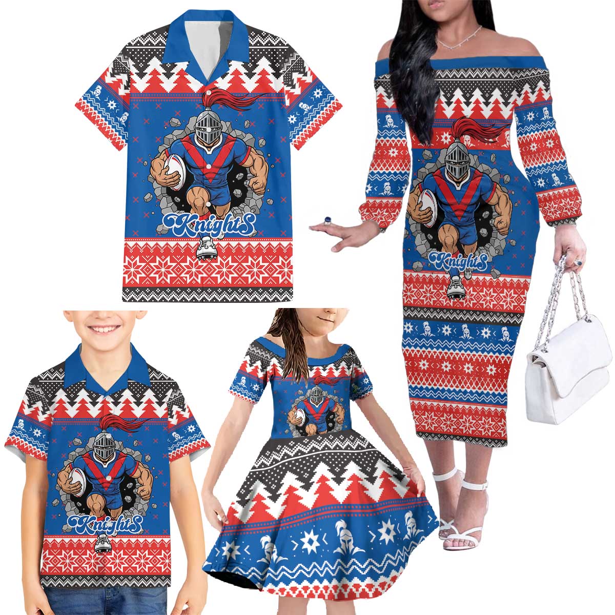 Merry Knights Newcastle Pride Personalised Family Matching Off The Shoulder Long Sleeve Dress and Hawaiian Shirt Christmas Rugby League Spirit - Aussie Hoodie
