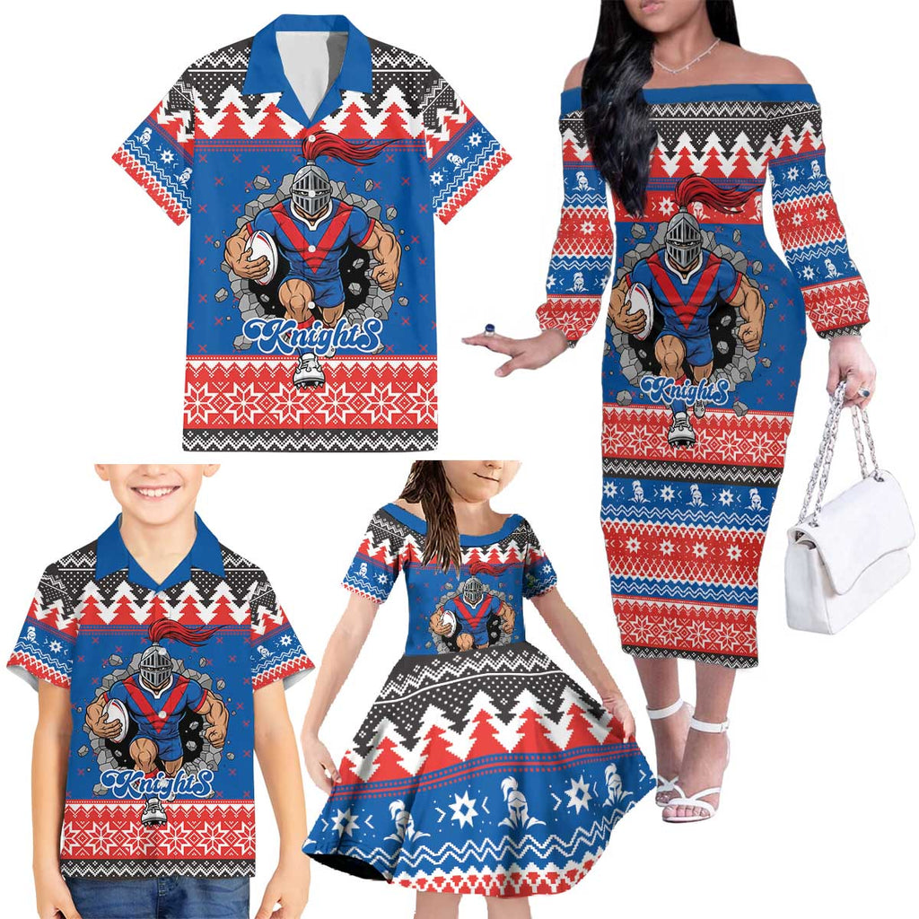 Merry Knights Newcastle Pride Personalised Family Matching Off The Shoulder Long Sleeve Dress and Hawaiian Shirt Christmas Rugby League Spirit - Aussie Hoodie