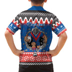 Merry Knights Newcastle Pride Personalised Family Matching Off The Shoulder Long Sleeve Dress and Hawaiian Shirt Christmas Rugby League Spirit - Aussie Hoodie