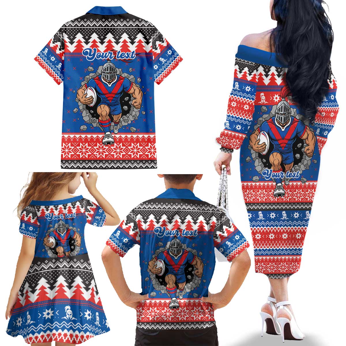 Merry Knights Newcastle Pride Personalised Family Matching Off The Shoulder Long Sleeve Dress and Hawaiian Shirt Christmas Rugby League Spirit - Aussie Hoodie