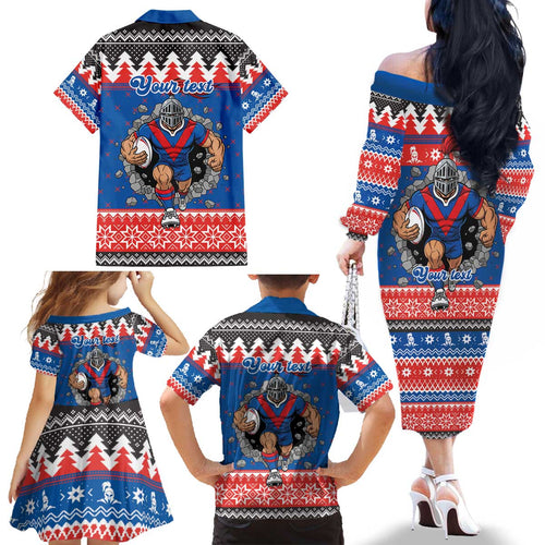 Merry Knights Newcastle Pride Personalised Family Matching Off The Shoulder Long Sleeve Dress and Hawaiian Shirt Christmas Rugby League Spirit - Aussie Hoodie