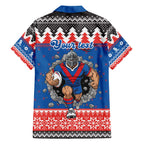 Merry Knights Newcastle Pride Personalised Family Matching Off The Shoulder Long Sleeve Dress and Hawaiian Shirt Christmas Rugby League Spirit - Aussie Hoodie