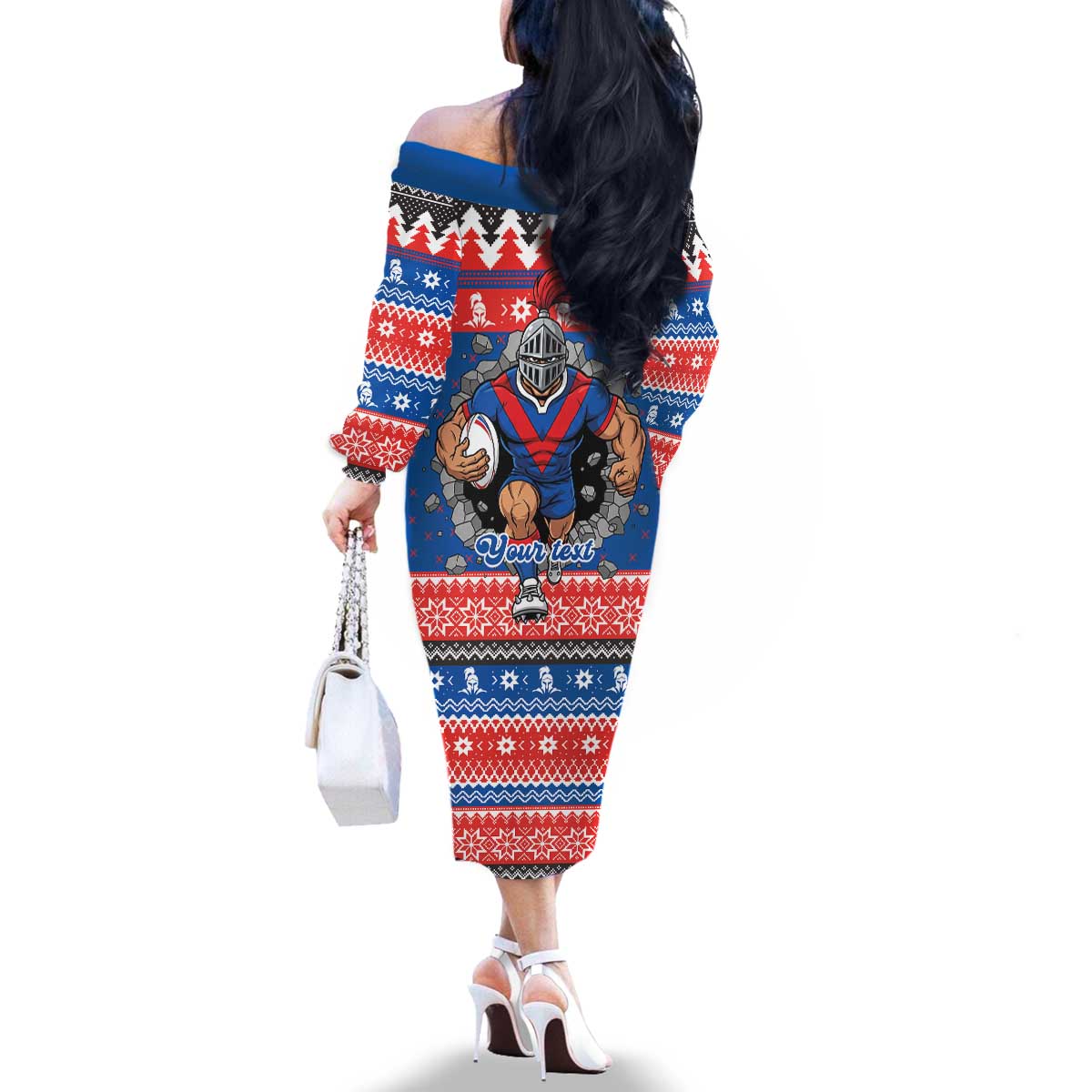 Merry Knights Newcastle Pride Personalised Family Matching Off The Shoulder Long Sleeve Dress and Hawaiian Shirt Christmas Rugby League Spirit - Aussie Hoodie