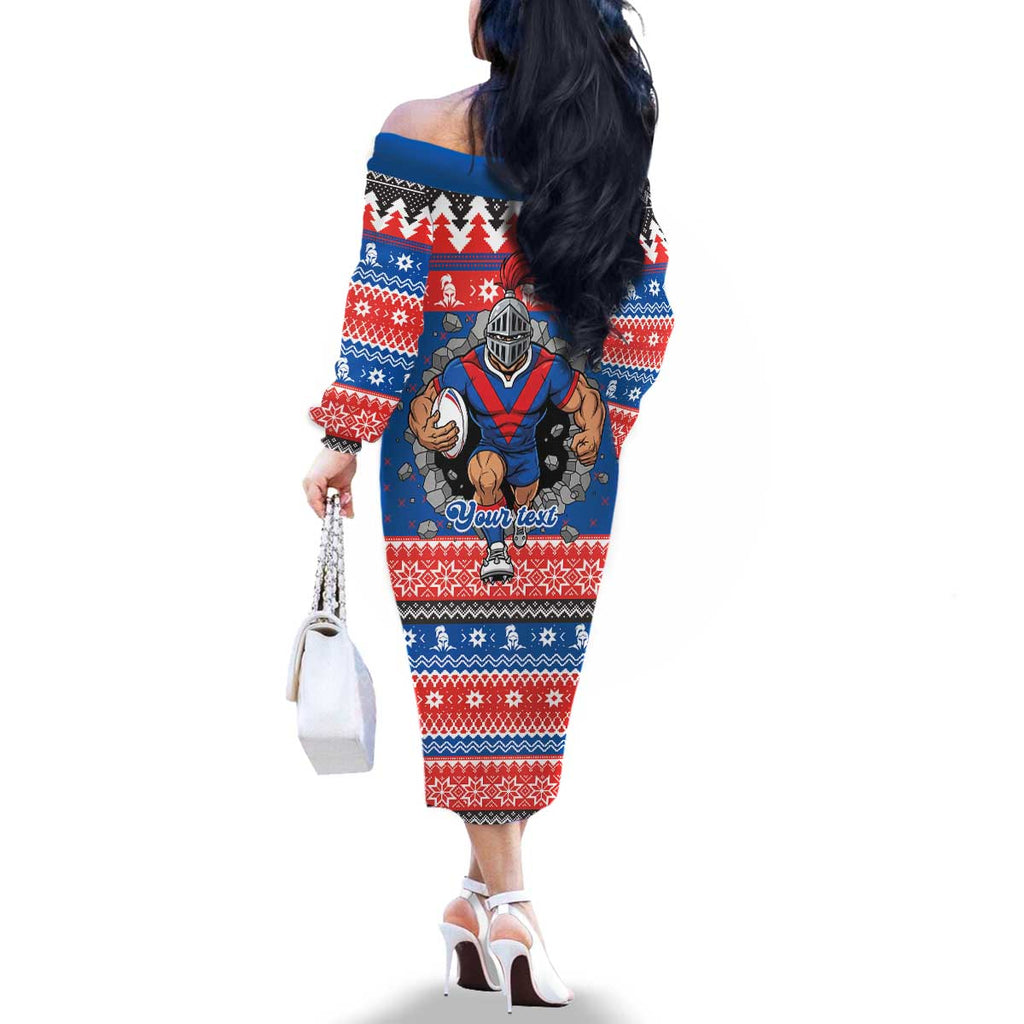 Merry Knights Newcastle Pride Personalised Family Matching Off The Shoulder Long Sleeve Dress and Hawaiian Shirt Christmas Rugby League Spirit - Aussie Hoodie