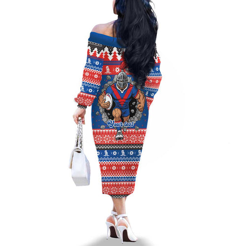 Merry Knights Newcastle Pride Personalised Family Matching Off The Shoulder Long Sleeve Dress and Hawaiian Shirt Christmas Rugby League Spirit - Aussie Hoodie