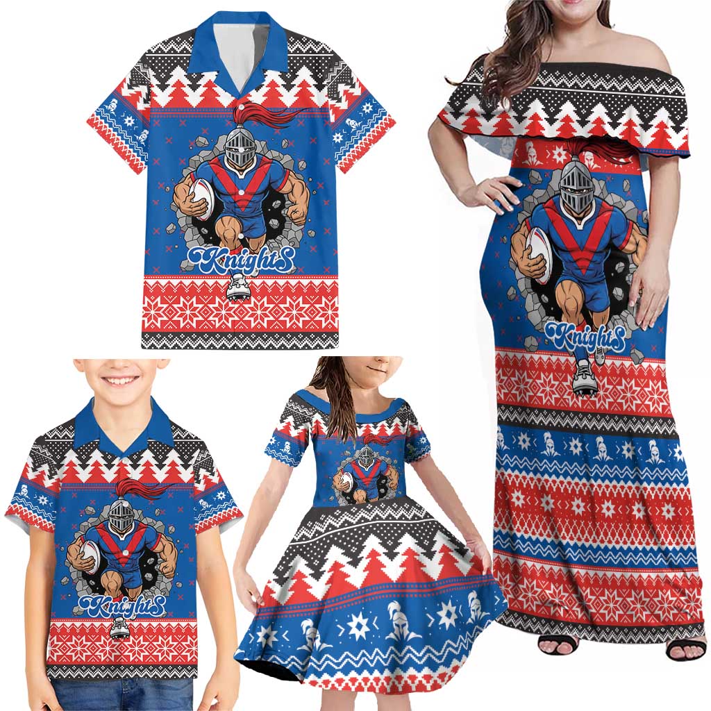 Merry Knights Newcastle Pride Personalised Family Matching Off Shoulder Maxi Dress and Hawaiian Shirt Christmas Rugby League Spirit - Aussie Hoodie