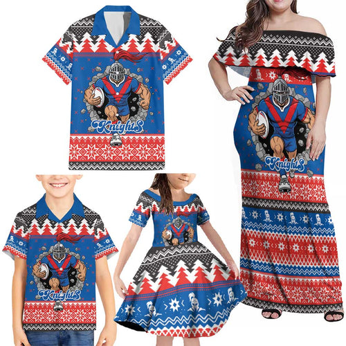 Merry Knights Newcastle Pride Personalised Family Matching Off Shoulder Maxi Dress and Hawaiian Shirt Christmas Rugby League Spirit - Aussie Hoodie