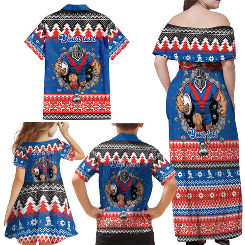 Merry Knights Newcastle Pride Personalised Family Matching Off Shoulder Maxi Dress and Hawaiian Shirt Christmas Rugby League Spirit - Aussie Hoodie