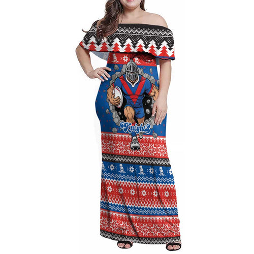 Merry Knights Newcastle Pride Personalised Family Matching Off Shoulder Maxi Dress and Hawaiian Shirt Christmas Rugby League Spirit - Aussie Hoodie