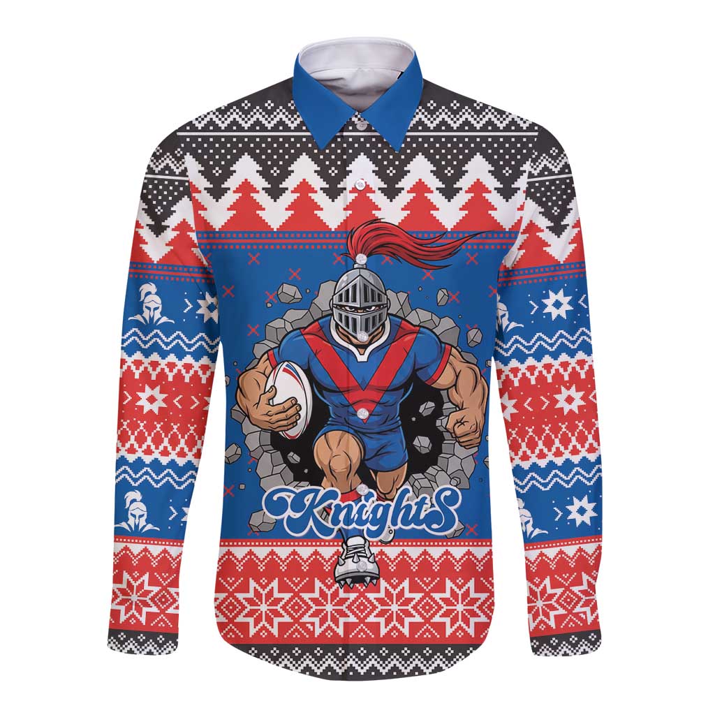 Merry Knights Newcastle Pride Personalised Long Sleeve Button Shirt Christmas Rugby League Spirit - Aussie Hoodie