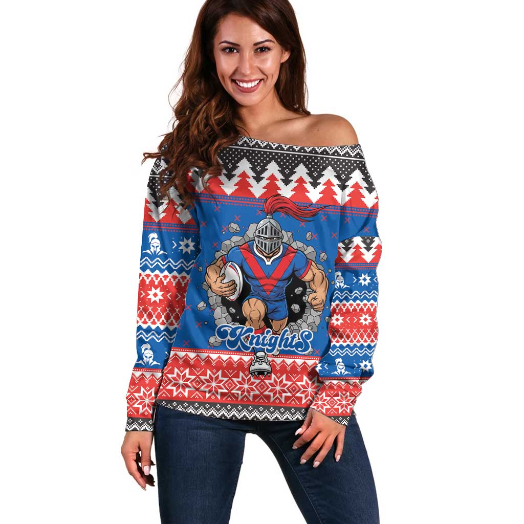 Merry Knights Newcastle Pride Personalised Off Shoulder Sweater Christmas Rugby League Spirit - Aussie Hoodie