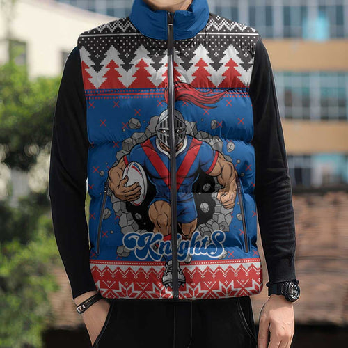 Merry Knights Newcastle Pride Personalised Sleeveless Puffer Jacket Christmas Rugby League Spirit - Aussie Hoodie
