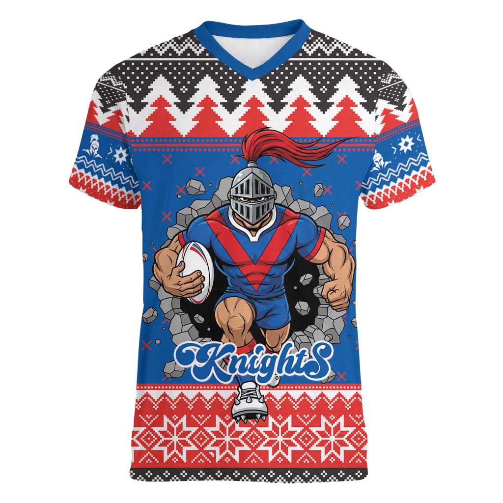Merry Knights Newcastle Pride Personalised Women V-Neck T-Shirt Christmas Rugby League Spirit - Aussie Hoodie