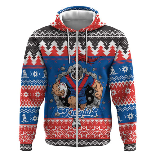 Merry Knights Newcastle Pride Personalised Zip Hoodie Christmas Rugby League Spirit - Aussie Hoodie