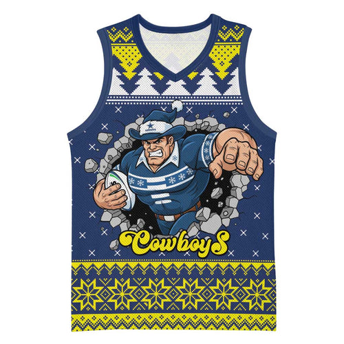 Merry Queensland Cowboys Personalised Basketball Jersey Christmas Rugby League Spirit - Aussie Hoodie