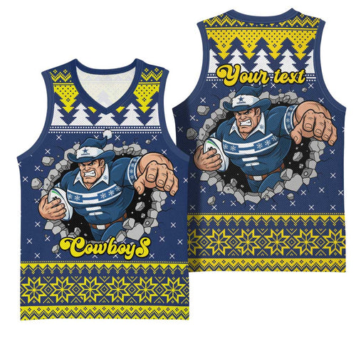 Merry Queensland Cowboys Personalised Basketball Jersey Christmas Rugby League Spirit - Aussie Hoodie
