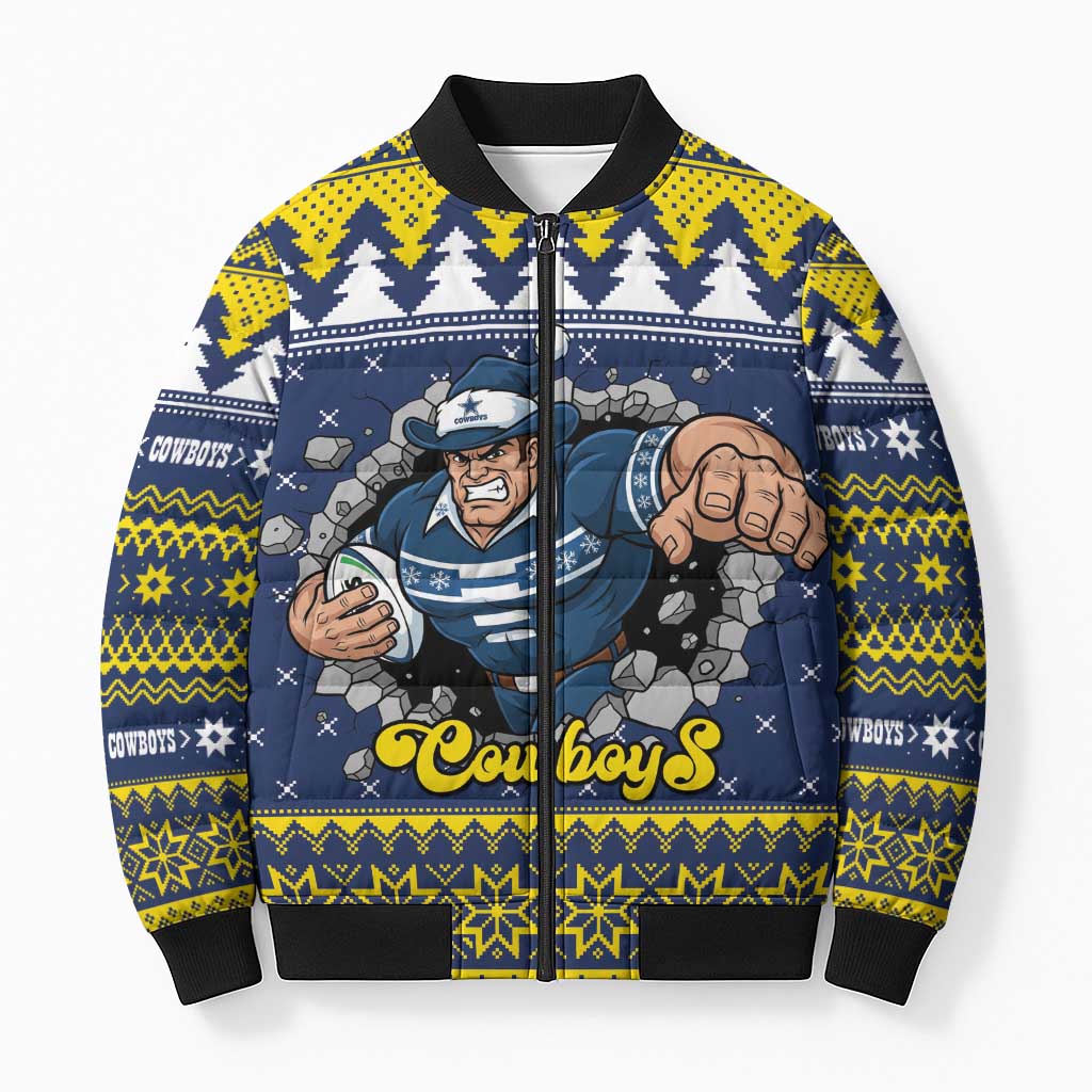 Merry Queensland Cowboys Personalised Bomber Puffer Jacket Christmas Rugby League Spirit - Aussie Hoodie