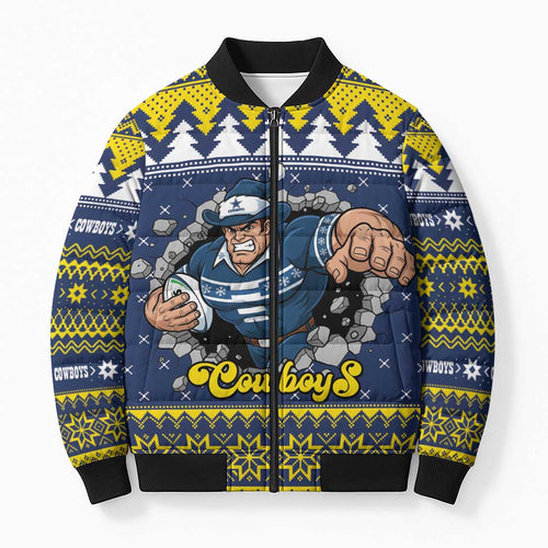 Merry Queensland Cowboys Personalised Bomber Puffer Jacket Christmas Rugby League Spirit - Aussie Hoodie