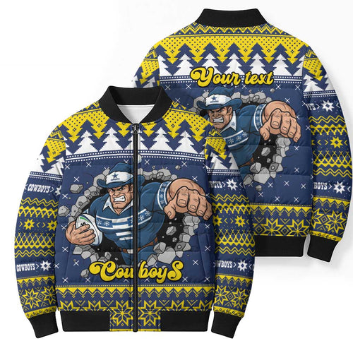Merry Queensland Cowboys Personalised Bomber Puffer Jacket Christmas Rugby League Spirit - Aussie Hoodie