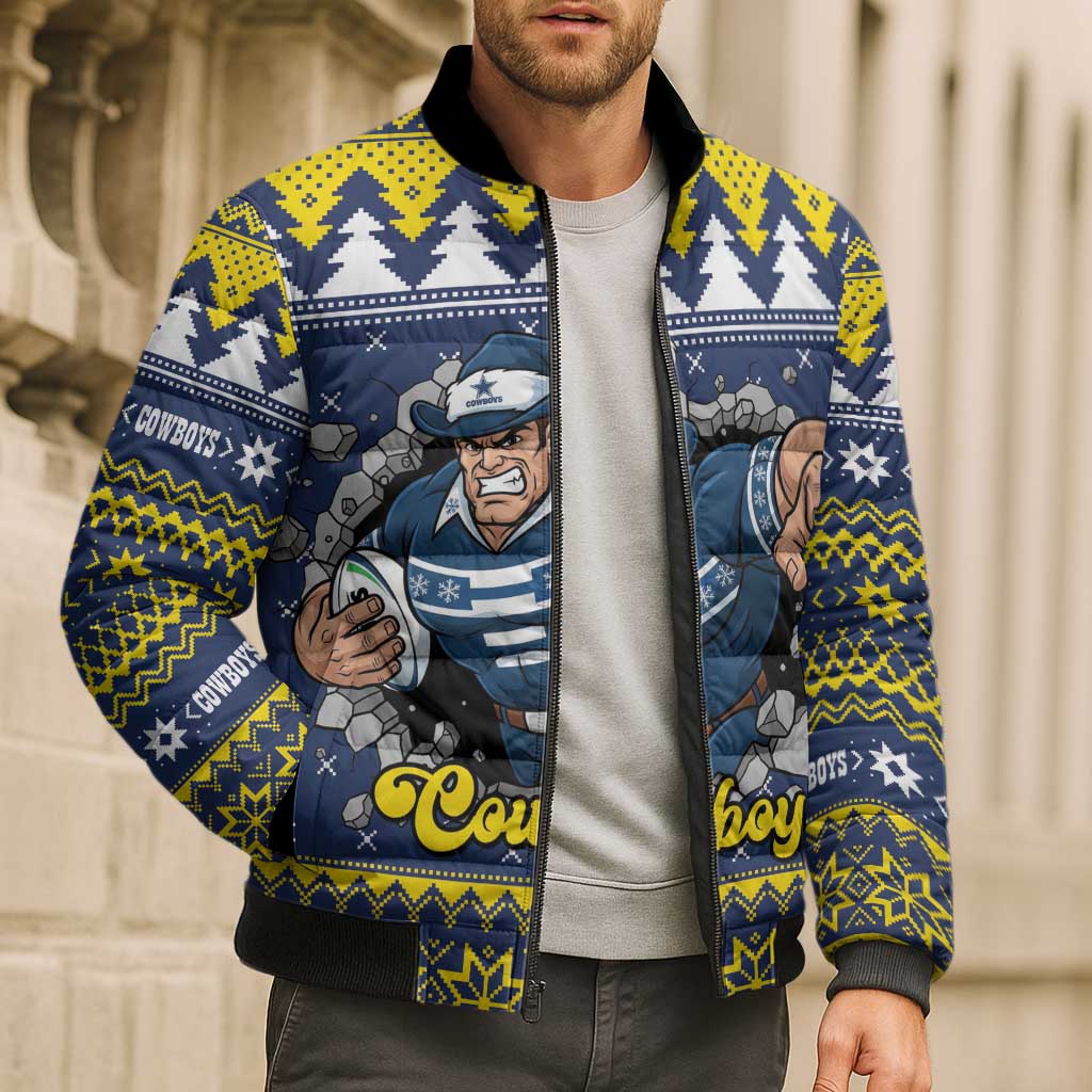Merry Queensland Cowboys Personalised Bomber Puffer Jacket Christmas Rugby League Spirit - Aussie Hoodie
