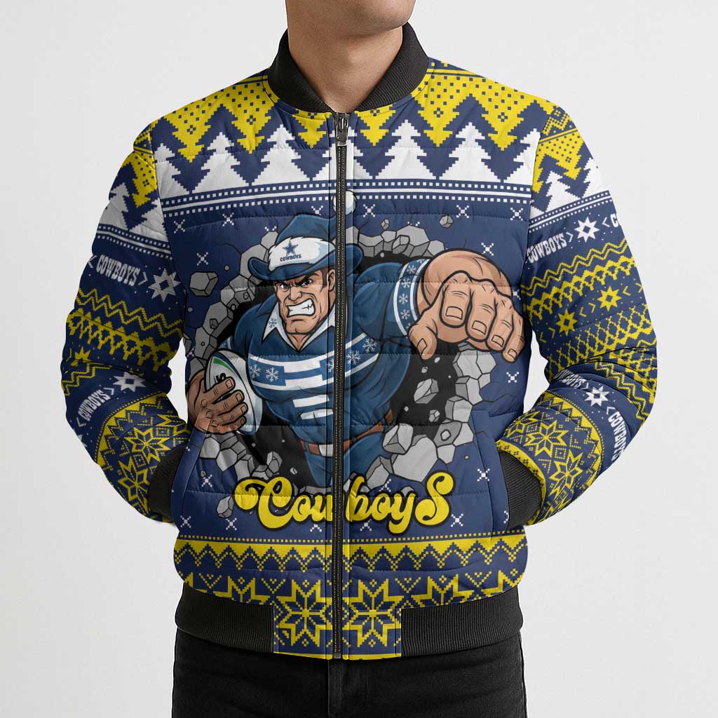 Merry Queensland Cowboys Personalised Bomber Puffer Jacket Christmas Rugby League Spirit - Aussie Hoodie