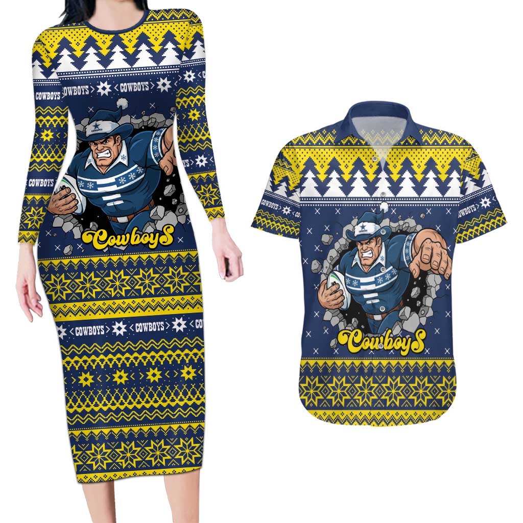Merry Queensland Cowboys Personalised Couples Matching Long Sleeve Bodycon Dress and Hawaiian Shirt Christmas Rugby League Spirit - Aussie Hoodie