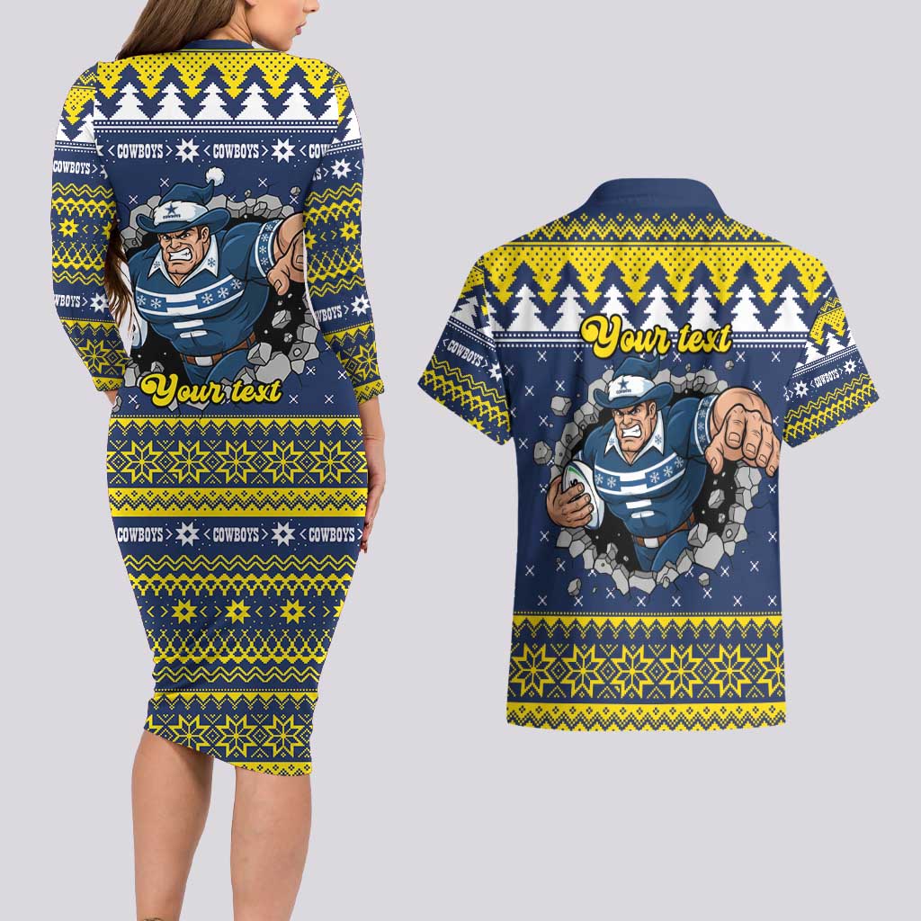 Merry Queensland Cowboys Personalised Couples Matching Long Sleeve Bodycon Dress and Hawaiian Shirt Christmas Rugby League Spirit - Aussie Hoodie