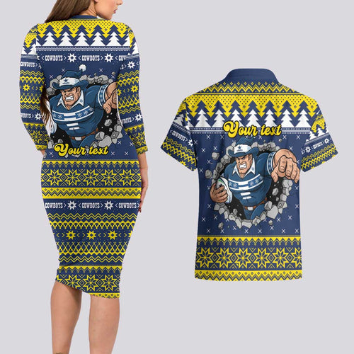 Merry Queensland Cowboys Personalised Couples Matching Long Sleeve Bodycon Dress and Hawaiian Shirt Christmas Rugby League Spirit - Aussie Hoodie