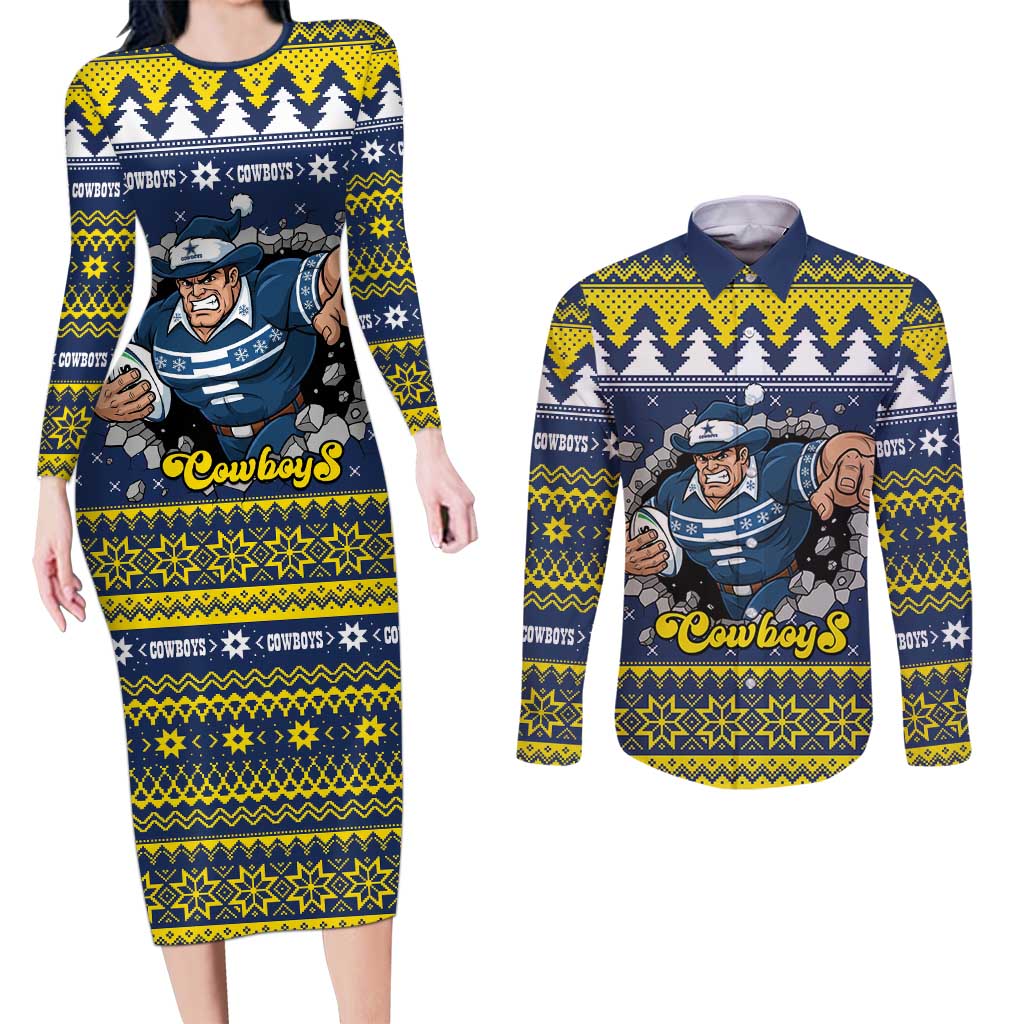 Merry Queensland Cowboys Personalised Couples Matching Long Sleeve Bodycon Dress and Long Sleeve Button Shirt Christmas Rugby League Spirit - Aussie Hoodie