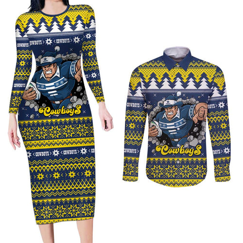 Merry Queensland Cowboys Personalised Couples Matching Long Sleeve Bodycon Dress and Long Sleeve Button Shirt Christmas Rugby League Spirit - Aussie Hoodie
