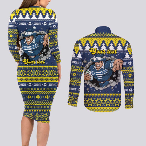 Merry Queensland Cowboys Personalised Couples Matching Long Sleeve Bodycon Dress and Long Sleeve Button Shirt Christmas Rugby League Spirit - Aussie Hoodie