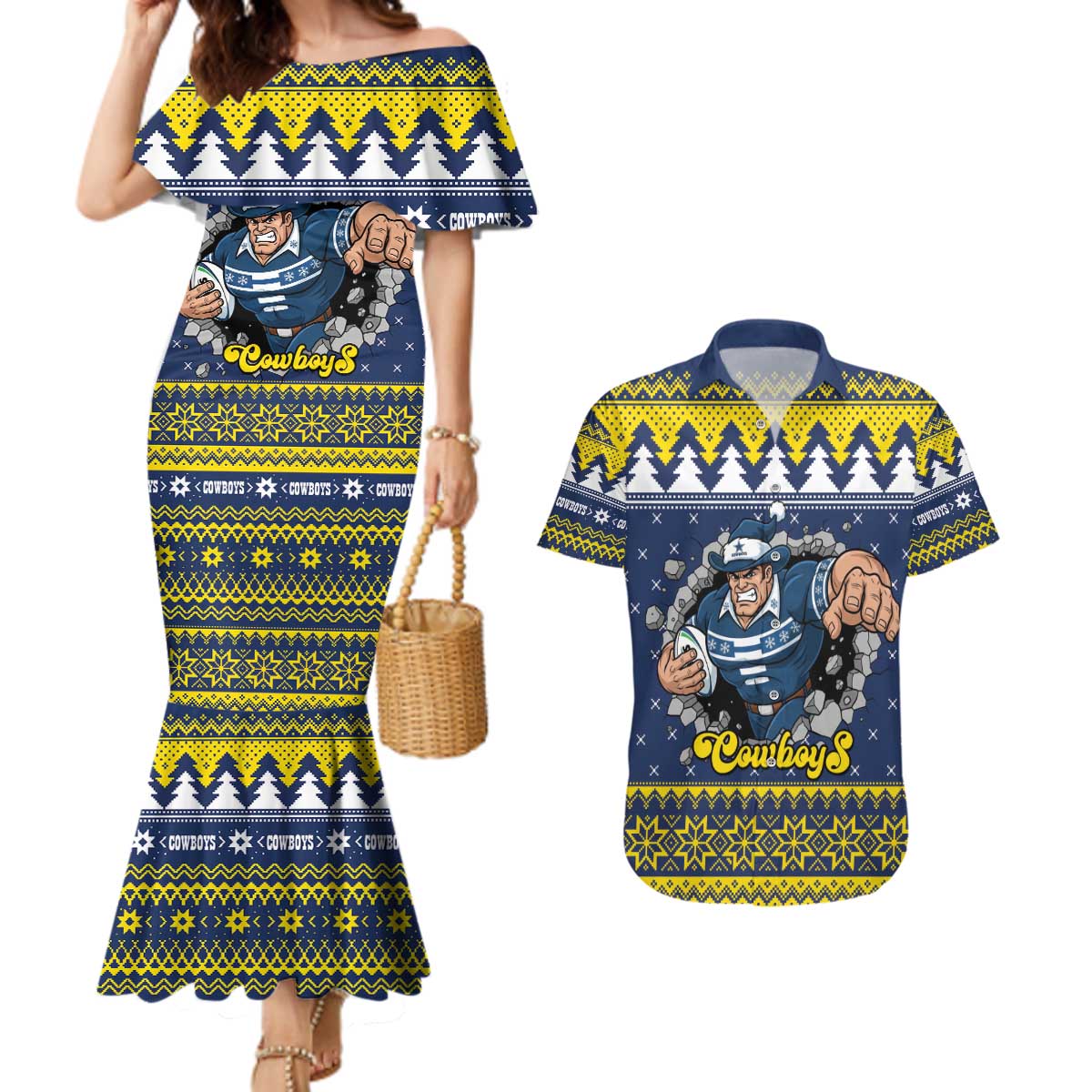 Merry Queensland Cowboys Personalised Couples Matching Mermaid Dress and Hawaiian Shirt Christmas Rugby League Spirit - Aussie Hoodie