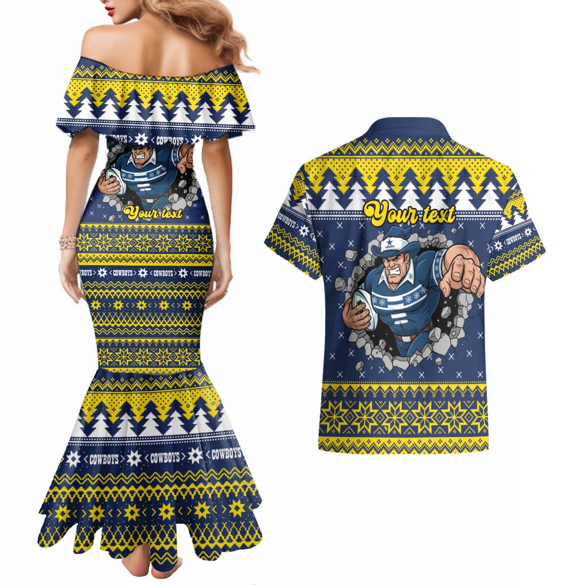 Merry Queensland Cowboys Personalised Couples Matching Mermaid Dress and Hawaiian Shirt Christmas Rugby League Spirit - Aussie Hoodie